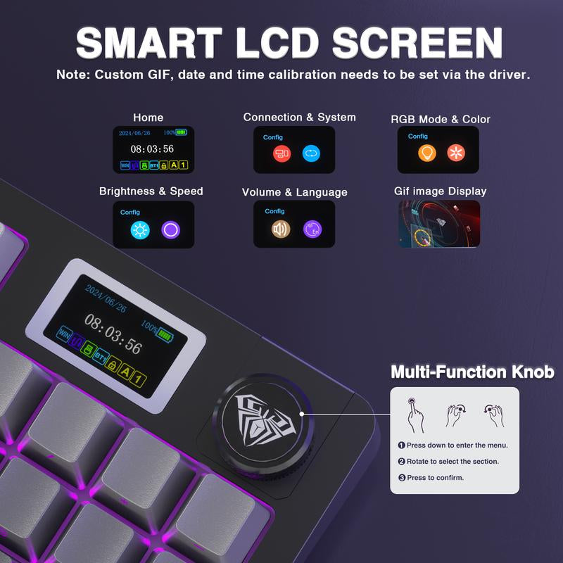 AULA S98 Pro Tri-Mode Wireless Mechanical Gaming Keyboard with Screen Knob, 2.4Ghz/Usb-C/Bt5.0 Gasket Hot Swappable Side Printed Black Keyboard, Pre-Lubed Linear Switches, PBT Keycaps, RGB Backlit Numpad Computer Accessories Bluetooth Keyboard