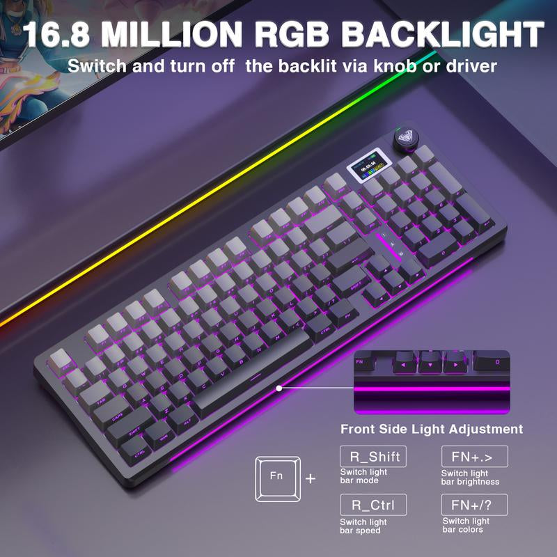 AULA S98 Pro Tri-Mode Wireless Mechanical Gaming Keyboard with Screen Knob, 2.4Ghz/Usb-C/Bt5.0 Gasket Hot Swappable Side Printed Black Keyboard, Pre-Lubed Linear Switches, PBT Keycaps, RGB Backlit Numpad Computer Accessories Bluetooth Keyboard