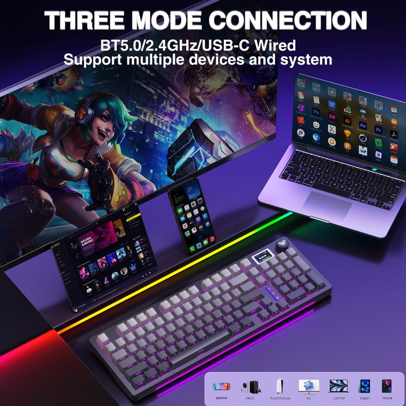 AULA S98 Pro Tri-Mode Wireless Mechanical Gaming Keyboard with Screen Knob, 2.4Ghz/Usb-C/Bt5.0 Gasket Hot Swappable Side Printed Black Keyboard, Pre-Lubed Linear Switches, PBT Keycaps, RGB Backlit Numpad Computer Accessories Bluetooth Keyboard