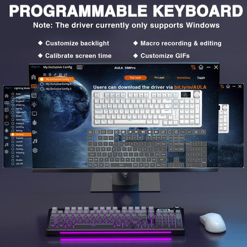 AULA S98 Pro Tri-Mode Wireless Mechanical Gaming Keyboard with Screen Knob, 2.4Ghz/Usb-C/Bt5.0 Gasket Hot Swappable Side Printed Black Keyboard, Pre-Lubed Linear Switches, PBT Keycaps, RGB Backlit Numpad Computer Accessories Bluetooth Keyboard