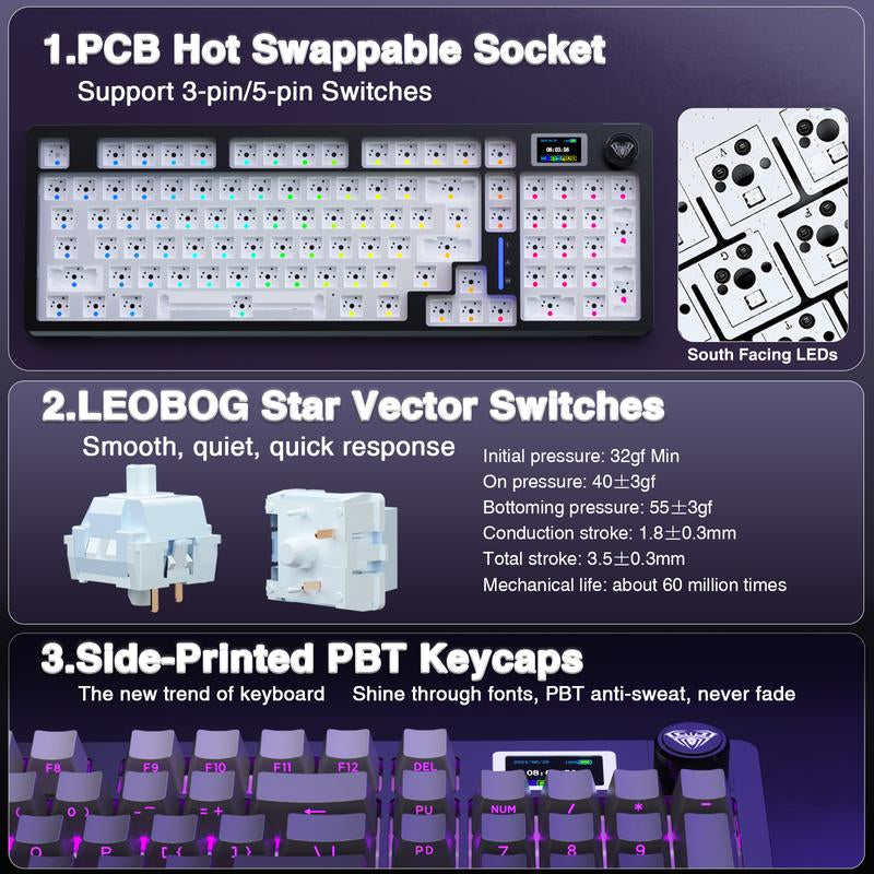 AULA S98 Pro Tri-Mode Wireless Mechanical Gaming Keyboard with Screen Knob, 2.4Ghz/Usb-C/Bt5.0 Gasket Hot Swappable Side Printed Black Keyboard, Pre-Lubed Linear Switches, PBT Keycaps, RGB Backlit Numpad Computer Accessories Bluetooth Keyboard